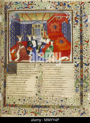 . Inglese: Dettaglio di una miniatura di presentazione con Christine de il Pisano presentando il suo libro regina Isabeau della Baviera. Miniaturizzati illuminati dal libro della regina (varie opere di Christine de Pizan), BL Harley 4431. Français : =Christine de il Pisano présente son livre à Isabeau de Bavière; Christine de il Pisano présentant ses Epîtres du Débat sur le Roman de la Rose à la reine Isabelle de Bavière; Datation: 1413 (data conjecturale) . tra circa 1410 e circa 1414. Harl 4431 frontespizio pieno Foto Stock