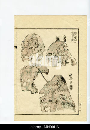 . Inglese: 4 (immaginaria?); caschi da Kawanabe Kyosai; woodblock-illustrazione stampata da un'e-hon, pagina allentati, libro non identificato (ancora); più tardi del XIX secolo probabilmente (1870 - 1880) crede di essere una stampa presi dall'originale tavolette di legno. . 18?? Probabilmente (1870 - 1880). Kawanabe Ky?sai (1831-1889) Descrizione pittore giapponese Data di nascita e morte 18 Maggio 1831 26 aprile 1889 Luogo di nascita e morte di Koga Tokio Prefettura competente controllo : Q2838030 VIAF:?ISNI 50020258:?0000 0001 2279 759X ULAN:?500092866 LCCN:?n82024831 GND:?118725688 WorldCat scansionati da utente:LX 121 caschi. Foto Stock