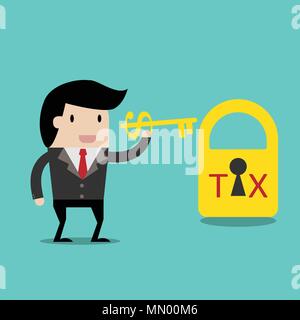 Vettore di finanza aziendale. La detrazione fiscale per il concetto di investimento,cartoon imprenditore con chiave in mano al blocco delle Nazioni Unite. cartoon illustrazione vettoriale per autobus Illustrazione Vettoriale