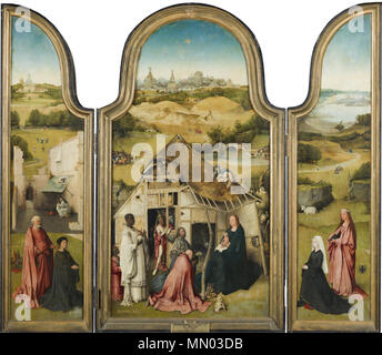 L Adorazione dei Magi, interni (San Pietro con il donatore, l'Adorazione dei Magi, Sant Agnese con donatore).. circa 1495. Hieronymus Bosch - Trittico dell Adorazione dei Magi - WGA2606 Foto Stock