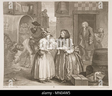 . William Hogarth è una prostituta di progresso, piastra 1, mostrando Molly dell'arrivo a Londra con il Colonnello Francesco Charteris e "Handy Jack' leering in background, mentre un syphilitic madame in primo piano si procura il suo primo. Secondo una prostituta progressi: bordello keeper Elizabeth Needham sulla destra Hogarth-Harlot-1 Foto Stock