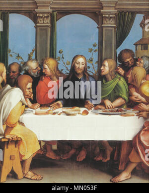 . Inglese: L'Ultima Cena. Limewood, 115,5 × 97,3 cm, il Kunstmuseum di Basilea. Holbein dipinta la sua versione del soggetto sotto l'influenza di dell'Ultima Cena di Leonardo da Vinci, che egli può avere visto in occasione di una visita in Italia del nord o hanno conosciuto dalle stampe. Solo nove degli Apostoli appaiono in Holbein il quadro, perché i pannelli esterni della pittura che era parte di un retablo, sono stati persi durante la iconoclasta tumulti da riformatori di Basilea. La testa di Cristo è stato segato fuori della foto in una sola volta e ammaccature da colpi di martello sono visibili sul lavoro. Secondo la cinquecentesca di inventario o Foto Stock
