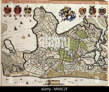 . Nederlands: Deze kaart van het Hoogheemraadschap van de Uitwaterende Sluizen in Kennemerland en West-Friesland werd nel 1680 vervaardigd door de landmeter Johannes Dou (1642-1682). De graveur Coenraet Decker (1651-1685) graveerde het kaartbeeld, terwijl Abramo Deur de lettere sneed. Deze kaart è een typisch voorbeeld van Nederlandse waterschapskartografie. Om het in een diepe liggende kom Hollandse laagland tegen het acqua van zee en rivieren te beschermen, lagen er in West-Nederland een groot aantal waterschappen ieder die verantwoordelijk waren voor de waterstaatszorg in hun gebied. Om h Foto Stock