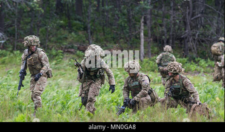 Northern Strike 17 è stato un'esercitazione della Guardia Nazionale del Michigan condotta presso il Camp Grayling Joint Maneuver Training Center nel Michigan. Un'immagine d'archivio documenta la fanteria dell'esercito britannico del 3rd Battalion, Royal Regiment della Principessa di Galles, 7th Brigade, che si alzano dalla posizione prona e avviano il movimento durante un'esercitazione di fuoco dal vivo il 4 agosto 2017. Foto Stock