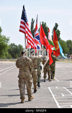 L'esercitazione Steppe Eagle è un'esercitazione multinazionale di mantenimento della pace condotta in Kazakistan. Portabandiera che rappresentano gli Stati Uniti, il Regno Unito, la Turchia, il Tagikistan, il Kirghizistan, e il Kazakistan si formano sul campo di parata durante la cerimonia di chiusura il 4 agosto 2017, presso l'Illisky Training Center vicino ad Almaty. L'immagine d'archivio documenta la rappresentanza multinazionale e la formazione cerimoniale. Foto Stock