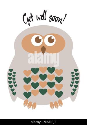 Il gufo simpatico personaggio con cuori per le piume biglietto di auguri con il testo "ottenere ben presto!". Modificabile strati marcato. Illustrazione Vettoriale