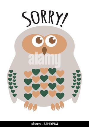 Il gufo simpatico personaggio con cuori per le piume biglietto di auguri con il testo 'Siamo spiacenti!". Modificabile strati marcato. Illustrazione Vettoriale