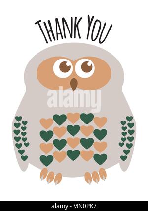 Il gufo simpatico personaggio con cuori per le piume biglietto di auguri con il testo "Grazie". Modificabile strati marcato. Illustrazione Vettoriale