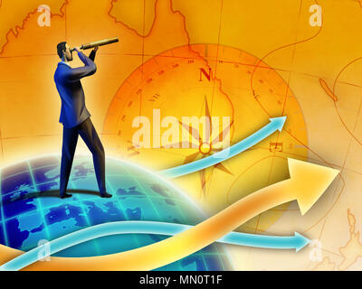 Giovane dirigente di esplorare nuove opportunità di business. Illustrazione Digitale. Foto Stock