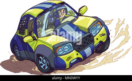 Vector cartoon clip art illustrazione di una vettura da rally con driver fuori di filatura o deriva o lo slittamento in una gara. Elementi in strati separati. Illustrazione Vettoriale