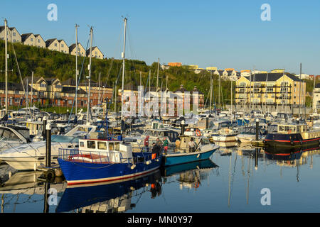 Ampio angolo di visione di barche e yacht in Penarth Marina in mattina presto luce con riflessi in acqua ancora Foto Stock