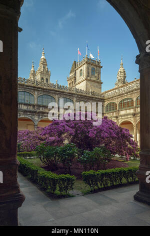 Cortile del Colegio Mayor Fonseca a Santiago de Compostela, A Coruña, Galizia, Spagna, Europa Foto Stock