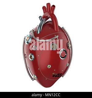 3D rendering rosso cuore robotico isolato su bianco Foto Stock