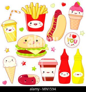 Set di carino il fast food icona in stile kawaii con volto sorridente e guance di rosa. Adesivo con iscrizione ti amo. Hamburger, ciambella, tazze di soda e COF Foto Stock