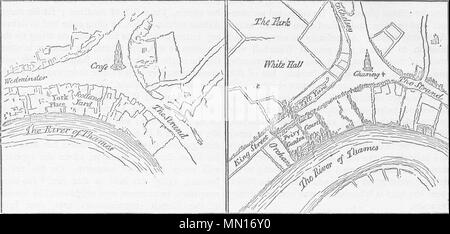 WHITEHALL. York Place & Whitehall nel regno di Enrico VIII. Londra c1880 mappa Foto Stock