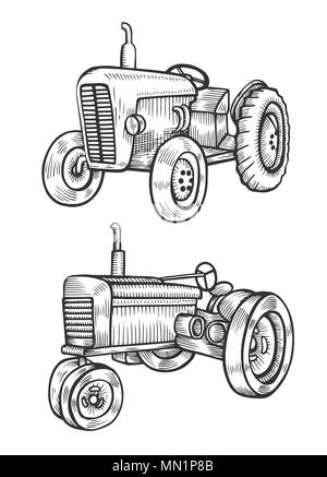 Trattore gommato in vintage stile inciso. Vettore disegnati a mano illustrazione isolati su sfondo bianco. Illustrazione Vettoriale