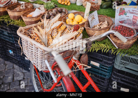 Roma, mercato di dettaglio in Campo de Fiori (campi di fiori), biciclette con le pannocchie e frutta in background Foto Stock
