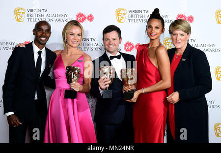 Declan Donnelly, Alesha Dixon e Amanda Holden per raccogliere il premio per il miglior programma di intrattenimento per la Gran Bretagna ha talento da Sir Mo Farah e Clare Balding in sala stampa al Virgin TV British Academy Awards televisione 2018 tenutasi presso la Royal Festival Hall, Southbank Centre di Londra. Foto Stock