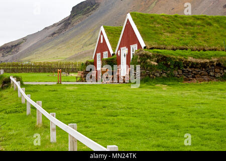 Piccole case in Islanda con erba tetti coperti, visto in Arnarstapi. Foto Stock