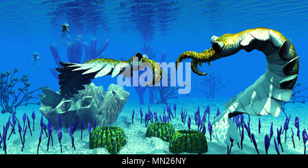 Anomalocaris in mari Cambriano - Due Anomalocaris predatori invertebrati hanno una controversia su diritti territoriali su un Ocean Reef in Cambriano Mari. Foto Stock