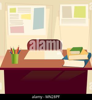 Tabella degli studenti con i libri scolastici, copybook, pensils nella scuola elementare di sfondo in aula. Vista frontale. Interno della scuola camera di classe. Si torna a scuola sullo sfondo dei materiali di consumo. Piatto il concetto di vettore. Spazio vuoto per il testo. Illustrazione Vettoriale