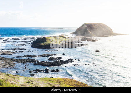 Round island irraggiata dal Sole di retroilluminazione ai Nobbies a Phillip Island, Victoria, Australia Foto Stock