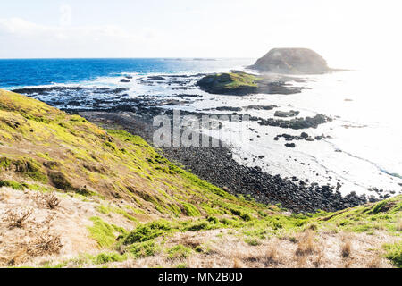 La pietra lavica della costa e Round island splenduto da Sun ai Nobbies a Phillip Island, Victoria, Australia Foto Stock