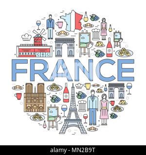 Paese Francia guida di viaggio delle merci, luoghi in sottili linee di design di stile. Set di architettura, moda, persone natura concetto di sfondo. Una infografica te Illustrazione Vettoriale