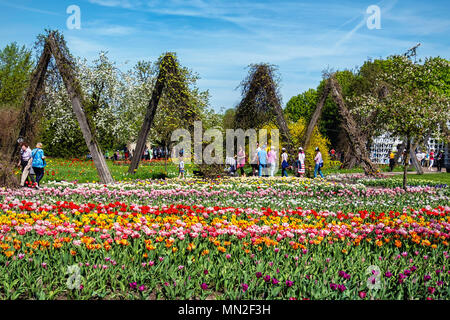 Britzer Garten, Neukölln, Berlino, Germania. 2018. Giardino con molla i bulbi, la gente che camminava sul sentiero tra i tulipani colorati. Foto Stock