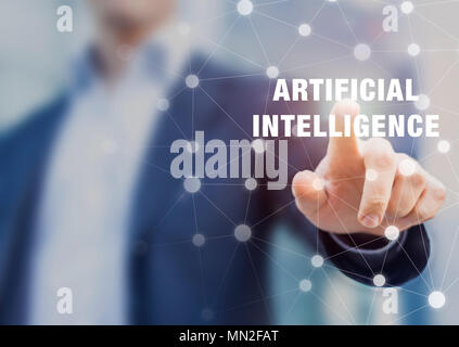 Intelligenza artificiale (AI) concetto con persona di toccare rete neurale la tecnologia di apprendimento automatico o struttura di microchip Foto Stock