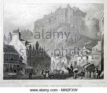Il Castello, dalla Vennel, Edimburgo, incisione vintage del 1829 Foto Stock
