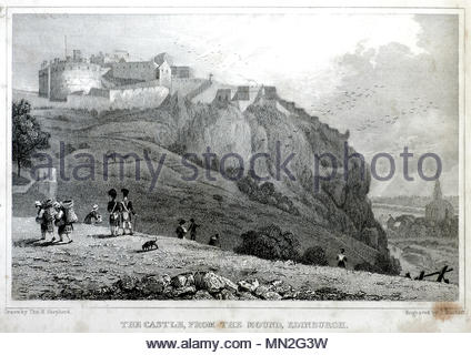 Il Castello dal tumulo, Edimburgo, antica incisione da 1829 Foto Stock