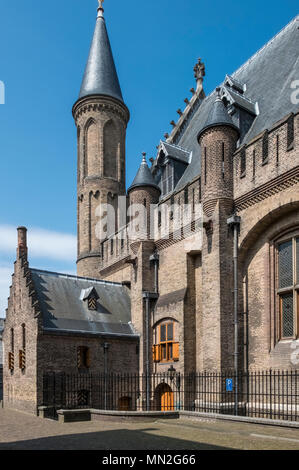 Architectural dettagli degli esterni del Binnenhof edificio del parlamento, l'Aia (Den Haag), Paesi Bassi. Foto Stock