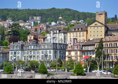 Vista del Neuchatel dal lago, in Svizzera Foto Stock