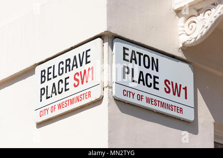 Segnaletica stradale, Eaton Place, Belgravia, City of Westminster, Greater London, England, Regno Unito Foto Stock