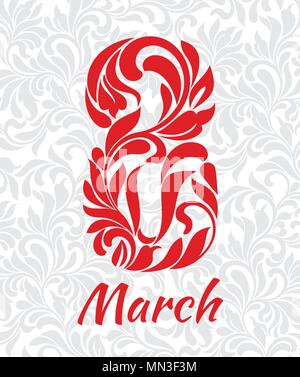 8 marzo. Font decorativi realizzati in volute ed elementi floreali. Sfondo grigio modello dolce Illustrazione Vettoriale