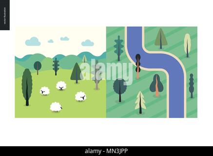 Cose semplici - colore - piatto cartoon illustrazione vettoriale di vista superiore, satellite di fiume con alberi, campo paesaggio con pecore, colline, nuvole, verde Illustrazione Vettoriale