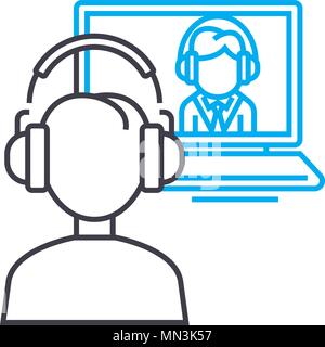 Singoli online vettore di coaching sottile linea icona tratto. Singoli online contorno di coaching illustrazione, segno lineare, simbolo del concetto. Illustrazione Vettoriale
