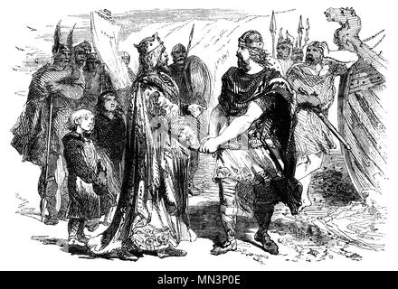 Edmund Ironside (990 – 1016), conosciuto anche come Edmund II, fu Re d'Inghilterra dal 23 aprile al 30 novembre 1016. Era figlio del re Æthelred l'Unready e il suo regno fu marinato da una guerra che aveva ereditato dal padre. Edmund combatté costantemente i danesi e i loro sostenitori inglesi fino alla decisiva battaglia di Assandun il 18 ottobre 1016, quando Re Knut sconfisse Edmund, dopo di che i due re si incontrarono sull'isola di Alney nel fiume Severn e negoziarono una pace che divideva il paese tra loro. Edmund ricevette Wessex mentre Cnut prese Mercia e probabilmente Northumbria. Foto Stock