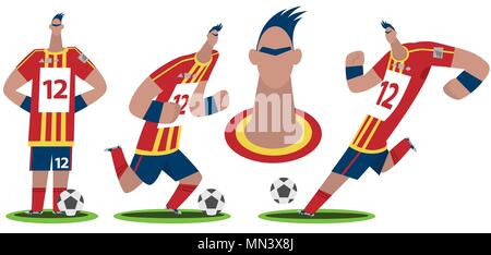 Set di calcio stilizzato o giocatore di calcio in situazione diversa, stand, corre, kick ball Illustrazione Vettoriale