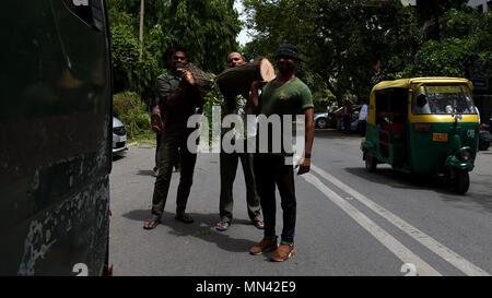 New Delhi, India. 14 Maggio, 2018. Pulire i lavoratori alberi danneggiati in New Delhi, India, 14 maggio 2018. Numero di morti è salito a 65 in tutta l'India dopo tempeste di polvere, temporali e pioggia accompagnato da venti gusty colpire molti membri, funzionari detto lunedì. Credito: Zhang Xijie/Xinhua/Alamy Live News Foto Stock