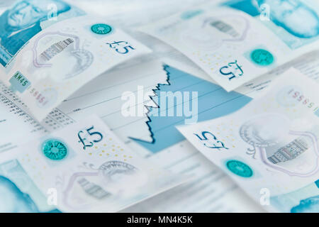 5 pound note sul grafico delle finanze Foto Stock