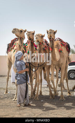 Ibri, Oman, 28 Aprile 2018: omani kid in corrispondenza di una corsa di cammelli in una campagna Foto Stock