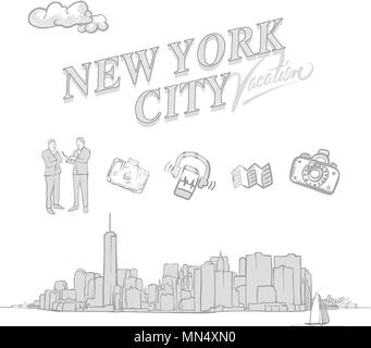 New York City travel bozzetti, set disegnati a mano a disegni vettoriali. Illustrazione Vettoriale