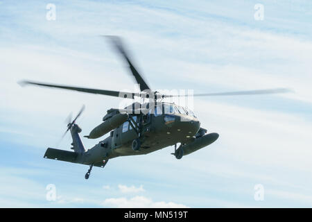 Un U.S. Esercito UH-60 Blackhawk elicottero equipaggio di volo con la società B, terzo assalto battaglione di elicottero, 227th reggimento di aviazione, 1° aria brigata di cavalleria, 1a divisione di cavalleria, decolla da un area formazione appena fuori di Varstu, Estonia con la brigata estone dei membri del personale del 2° brigata di fanteria, estone forza di difesa a bordo, 8 maggio 2018. Dopo aver completato la pianificazione e la preparazione fasi di funzionamento Riccio, una multinazionale esercizio di allenamento per migliorare la disponibilità e l'interoperabilità tra alleati e partner nella regione del Mar Baltico, aria cav i soldati presero la brigata estone sul personale Foto Stock