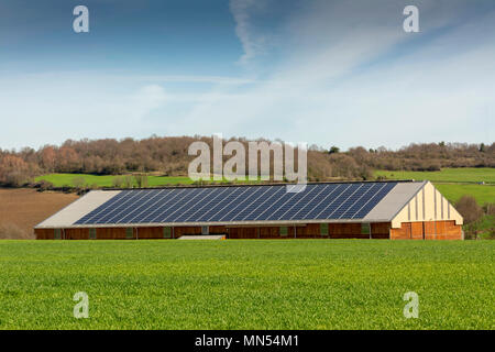 Limagne pianura. A energia solare il fienile. Puy de Dome. Auvergne. Francia Foto Stock