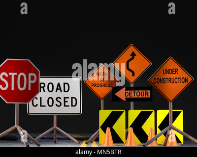 3D render di set di vari American road segni di costruzione su sfondo nero Foto Stock