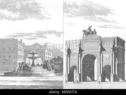 Parigi. Château d'Eau; Arc de triomphe du Carousel 1835 antica stampa Foto Stock