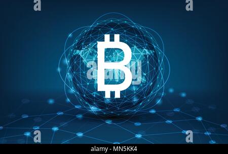 Blocco Bitcoin catena mappa mondiale di sicurezza digitale del sistema finanziario di valuta business in tutto il mondo online Illustrazione Vettoriale