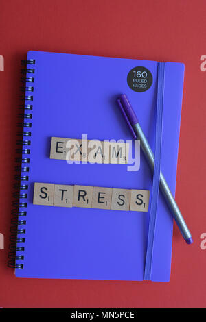 Le parole Exam Stress nelle lettere di legno su un rilegato a spirale notebook Foto Stock